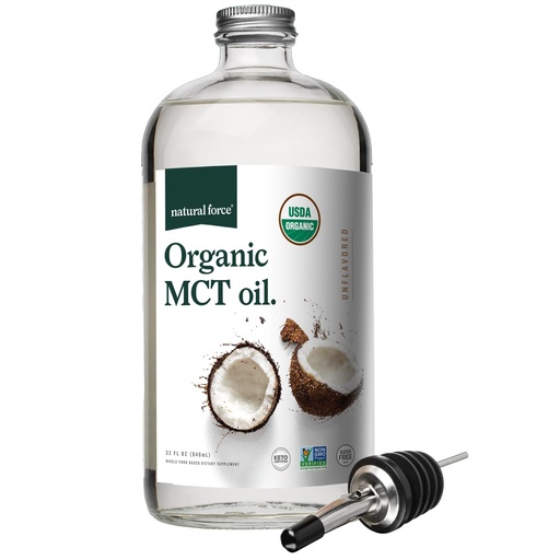 [BRSWGH3QCR7RSAIY] Natural Force Organic MCT Oil – Pure Glass Bottle – Made from 100% Virgin Coconut Oil + Certified Keto, Paleo, Kosher, Vegan & Non-GMO – Lab Tested for Quality and Purity - 32 Ounce