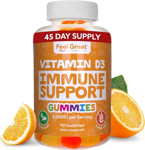 [BRSWGAQ3DIFQM3D3] Feel Great Vitamin D Gummies for Adults | Tropical Flavored Vegetarian Chewable Vitamin D 2000 iu | Immune Support Supplement | Gluten Free | 45 Day Supply