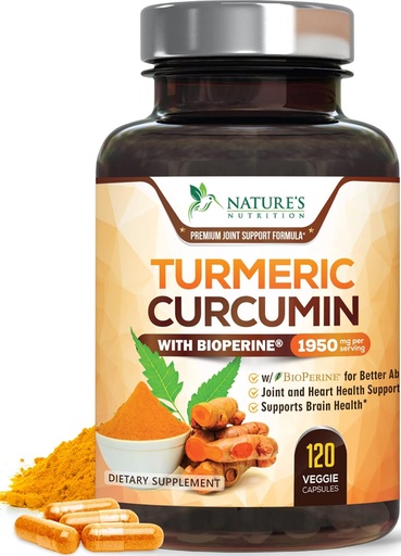 [BRSWECTQC54A22TL] Turmeric Curcumin Supplement 1950mg - 95% Curcuminoids with Organic Turmeric & BioPerine Black Pepper Extract for Best Absorption, Nature's Vegan Joint Support, Non-GMO, Bottled in USA - 120 Capsules