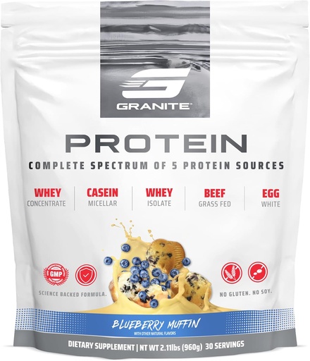 [BRSROHDROYNWY335] Granite Nutrition Protein Powder - Premium 5-Source Blend (Whey, Casein, Egg, Grass-Fed Beef) Lean Muscle and Recovery - Mustikka Muffin Maku, 30 tarjoilua