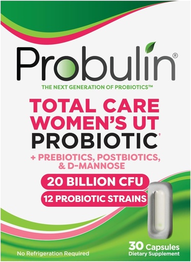 [BRSWYZDRCQCW2G3P] Probulin Total Care Women's Urinary Tract = Prebiotics + Probiotics + Postbiotics to Support a Healthy Vaginal Microbiome - 20 Billion CFU - 12 Strains - 30 Vegan Capsules