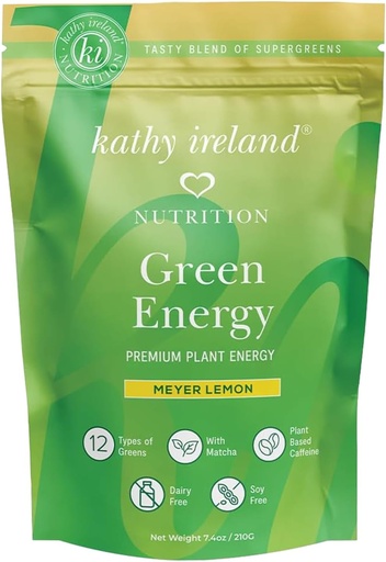 [BRSROAQ7CQCWKF35] Kathy Ireland Super Greens Energy Powder, Clean Energy Drink Mix with Matcha & Green Tea, Immune & Digestive Support Supplement, No Added Sugar, Meyer Lemon Flavor, 7.4 oz