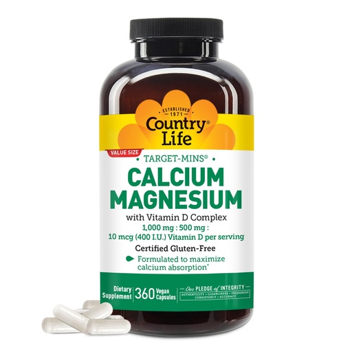 [BRSWIYYAOAFBADT4] Country Life Target-Mins Calcium Magnesium with Vitamin D-Complex, 1000mg/500mg/10mcg, 360 Vegan Capsules, Certified Gluten Free, Certified Vegan, Verified Non-GMO Verified…