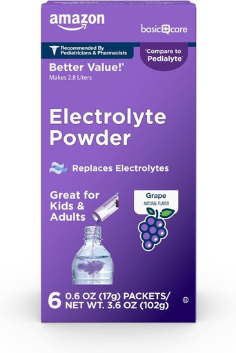 [BRSWGAYOBAMGMYA7] Basic Care Electrolyte Powder Packets for Rehydration for Kids & Adults, Grape Flavor, 6 Tellen (Pack of 1)