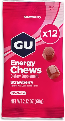[BRSW2GTRDJYRSA3H] GU Energy Chews, Strawberry Energy Gummies з Electrolytes, Vegan, Gluten-Free, Kosher, 20 мг кофеїну, і Dairy-Free On-the-Go Energy для будь-якого тренування, 12 сумки (24 Servings Total)