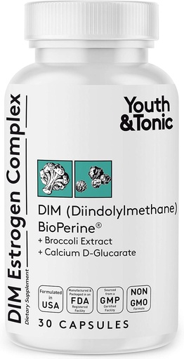 [BRSRMYAYOABQYCT3] Youth & Tonic DIM BioPerine for Estrogen Metabolism Support | Women and Men Hormone Balance with Excess Estrogen Blocker | Diindolylmethane Supplement - 30 Pills