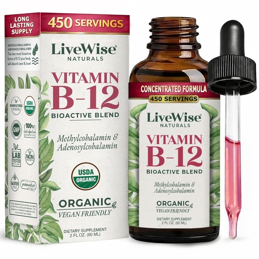 [BRSWGYYQBUPW23DO] Organic Vitamin B12 1000 mcg Sublingual Liquid Drops, Unflavored, 2 oz | Methylcobalamin & Adenosylcobalamin, Bioactive Blend for Energy, Clarity & Focus, Vegan, Non-GMO, For Adults, 1 Year+ Supply