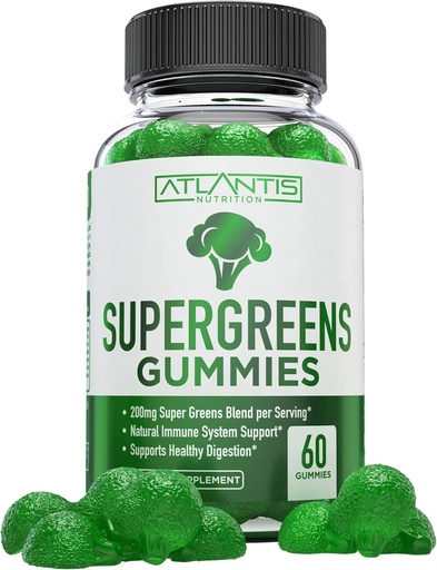 [BRSW2HQLBAHB4A3O] Atlantis Beslenme Supergreens Gummies - Daily Green Superfoods Supplement with Spinach, Broccoli, Moringa, Beet Root, Celery, Green Tea, & Acai for Immunity Support - Natural Raspberry Flavor, 60 cntnt