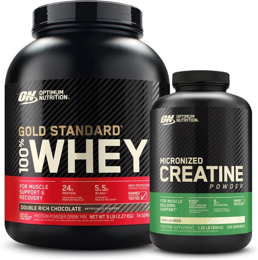 [BRSWGAQ6CMPRAHLD] Optimum Nutrition 100% Gold Standard Whey Protein Powder: Chocolate duplo rico (5 libras) com Creatina Micronizada Mono-hidratado em pó, sem sabor (120 Servings) - Pacote
