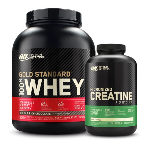 [BRSWGAQ6CMPRAHLD] Optimum Nutrition 100% Gold Standard Whey Protein Powder: Double Rich Chocolate (5 Pound) with Micronized Creatine Monohydrate Powder, Unflavored (120 Servings) - Bundle Pack