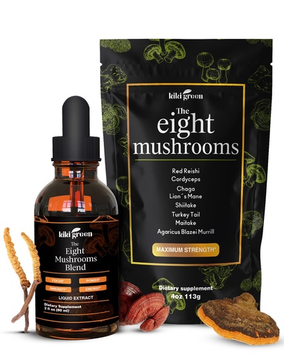 [BRSROA34OUOQMAA3] KIKI Green 8 Mushrooms Powder & Liquid Extract Bundle - Mushroom Supplement Complex for Focus & Energy - Lion's Mane, Chaga, Cordyceps, Turkey Tail, Reishi, Shiitake, Maitake - 4 oz, 2 fl oz
