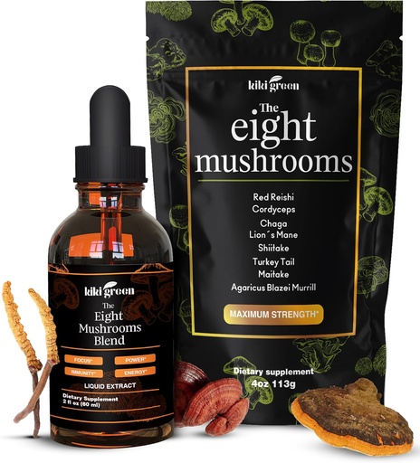 [BRSROA34OUOQMAA3] KIKI Green 8 Mushrooms Powder & Liquid Extract Bundle - Mushroom Supplement Complex for Focus &amp; Energy - Lion's Mane, Chaga, Cordyceps, Turquía Tail, Reishi, Shiitake, Maitake - 4 oz, 2 fl oz