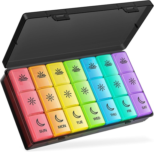 [BRSROAIHA5YQIF3D] BUG HULL Pill Organizer 3 veces al día, gran organizador semanal de píldoras de medicina 3X al día, 7 días caja de píldoras Buenos días Noon Evening for Vitamin, Cod-Liver Oil, Suplementos (Rainbow Black)