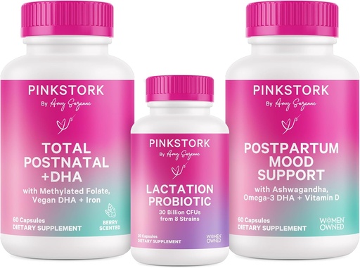 [BRSW2CD6OQPAOA3U] Pink Stork New Mom Necessities Bundle: postnatal bitamina DHA eta azido folikoarekin, Lactation Probiotikoa bularreko esne-hornikuntzarako + immunitate-laguntza, Postpartum Mood + Hormona euskarria, Postpartum Essentials