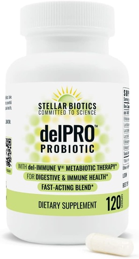 [BRSW2FQ5BUHWODT7] Del-Immune V® + Delpro Probiotic & Prebiotic Blend by Stellar Biotics - Promotes Optimal Gut Health, Digestion, Immune Support & Mood (120 Capsules)
