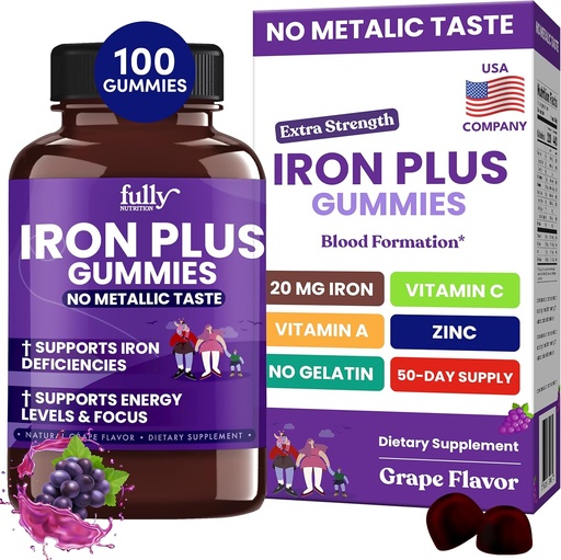 [BRSW2HAYCIIRYHT2] Iron Gummies supplements for Women, Men and Kids - Health blood ' Energy Support for Iron Deficiency, Anemia, No after Taste- Fresh Grape Flavor- 100 Gummies (50 Days Supply)