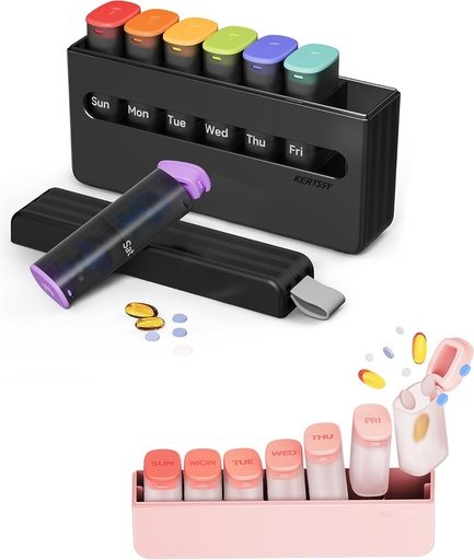 [BRSRAAQYBV6AOCQ6] Weekly Pill Organizer Set - 1 Time & 2 Times a Day Pill Boxes, 7-Day Large Medicine Cases for Daily Medication, Vitamins, Supplements, Portable Black & Translucent Black