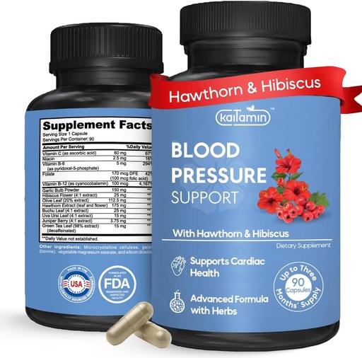 [BRSRMAIPCBYRGEYY] Blood Pressure Support Supplement – Natural Hawthorn, Hibiscus, Garlic & Olive Leaf – Heart Health & Circulation Support – B12, B6 – Vegan, Non-GMO – 90 Caps (3-Month Supply)
