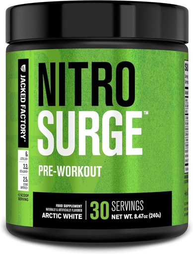[BRSWYYDYCAMGECDD] Jacked Factory NITROSURGE Pre Workout Supplement - Endless Energy, Instant Strength Gains, Clear Focus, Intense Pumps - NO Booster & Powerful Preworkout Energy Powder - 30 Servings, Arctic White