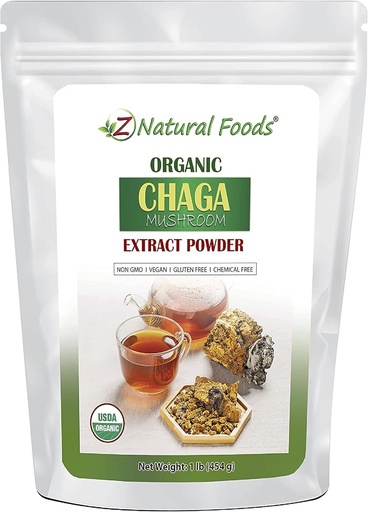 [BRSW2CQLDF6GAFLK] Z Natural Foods Organic Chaga Mushroom Extract Powder, Concentrated Premium Mushroom Extract for Supporting Immune Health, Energize Your Morning by Adding it to Coffee and Tea, 1 lb