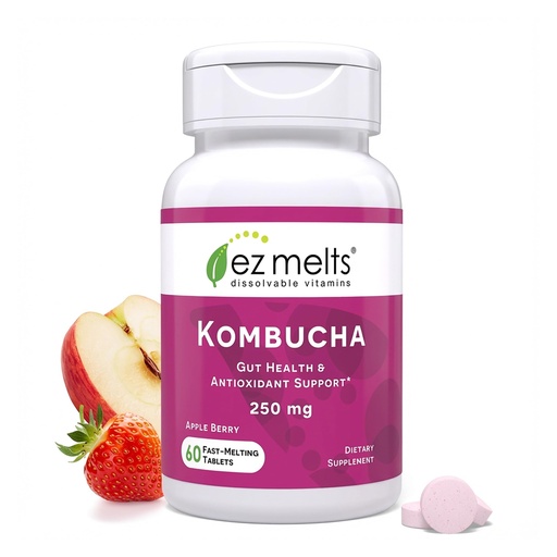 [BRSRAZLQCQIWMFL3] EZ Melts Dissolvable Sugar-Free Kombucha Tablets with SCOBY & Apple Cider Vinegar, Gut Health Supplements for Men & Women, Apple Berry Flavor, 2-Month Supply - 1 Pack