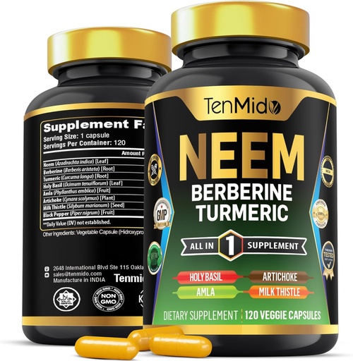 [BRSRAGD4OEMAO232] Neem Leaf Supplement - 8in1 Formel - Kombinera med Berberine, gurkmeja, Helig Basil, Amla, Artichoke, Milk Thistle och Black Pepper - Immune Support - 120 kapslar för 4 månaders leverans