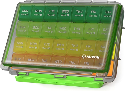 [BRSROHYROUNAICD2] AUVON Moisture-Proof Monthly Pill Organizer, Large 28 Days Pill Box Case with Removable 4 Weeks Medication Organizer Rows, Travel-Friendly to Store Fish Oils, Vitamins, Supplements, Medications