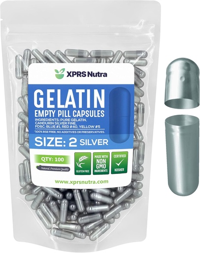 [BRSW2EL2OUCGKGT6] XPRS Nutra Size 2 Empty Capsules - 100 Count Empty Gelatin Capsules - Pills DIY Capsule Filling - Pure Bovine Pill Gel Caps for Do-It-Yourself Supplements (Silver)