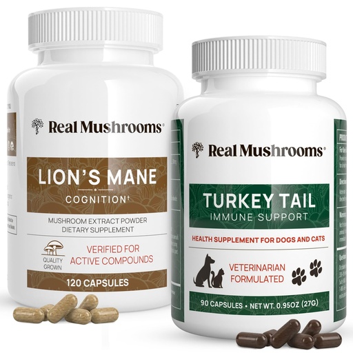 [BRSRMYI2CBYGG2D5] Real Mushrooms Lions Mane for Humans (120ct) & Turkey Tail for Pets (90ct) - Bundle for Cognition and Immunity - Vegan, Non-GMO, Grain-Free, Gluten-Free Mushroom Extract Capsules