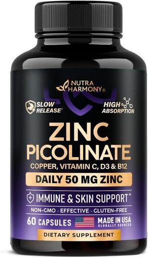 [BRSRAEL7DEFAGG3K] Zinc Picolinate 50mg - Zinc Supplement with Copper, Vitamin D3 & B12 - Stomach Friendly | Slow Release - Immune Support & Skin Health - High Absorption with BioPerine & Vitamin C - 60 Capsules