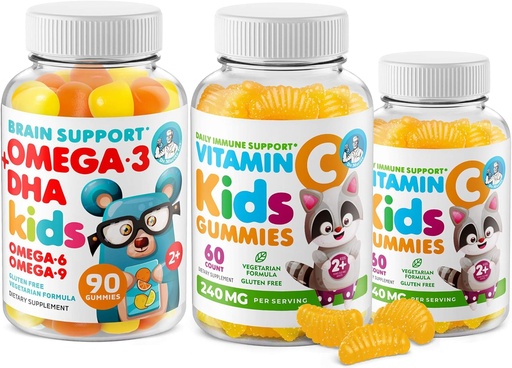 [BRSWYADRCEMGCAYY] Omega-3 DHA Gummies & Vitamin C Gummies for Kids & Adults – Immune Support, Low-Sugar, Gelatin-Free, Vegetarian, Chewable Vitamins for Toddlers