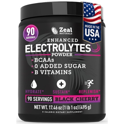 [BRSWYGAYCICQ4G35] Zeal Electrolyte Powder - 90 Servings | Keto Electrolytes Powder | Zero Sugar, BCAAs, B-Vitamins | Potassium, Zinc, Magnesium | Hydration Powder Recovery Drink | Black Cherry