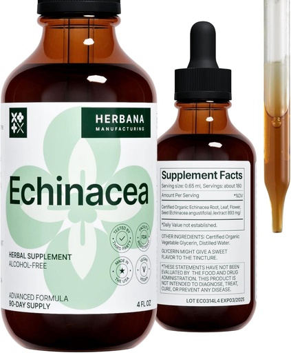 [BRSRMCY2AV6BACQY] Echinacea 4 fl oz Liquid Extract - Органичен корен, листо, цвете, семена - естествен билков добавка - тяло, имунна система Поддръжка Тинктура - висока плътност капки - 90-дневна доставка - семеен размер