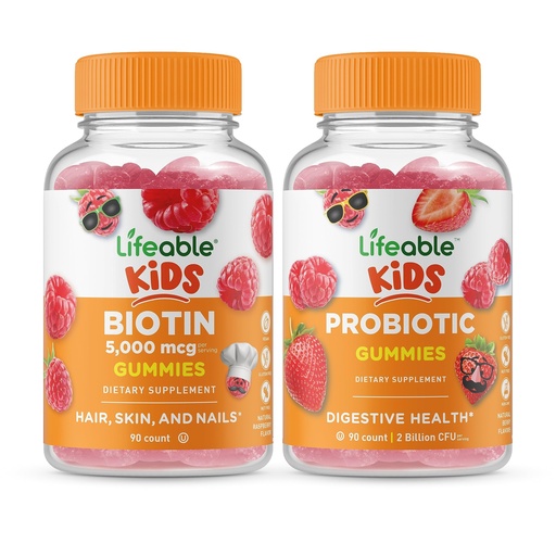 [BRSRMYIZDMMQKAIZ] Lifeable Biotin Kids + Probiotic 2 Billion CFU Kids, Gummies Bundle - Great Tasting, Vitamin Supplement, Gluten Free, GMO Free, Chewable Gummy