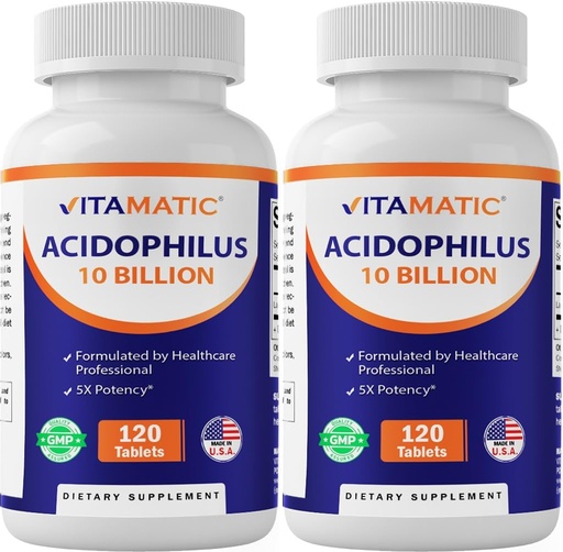 [BRSRAHYDBEPQYYA2] Vitamatic 2 Packs Acidophilus Probiotic - 10 Billion CFU - 120 Tablets - 5X Potency - Daily Probiotic Supplement, Supports Digestive Health (Total 240 Tablets)