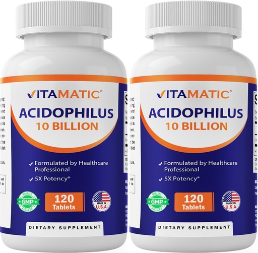 [BRSRAHYDBEPQYYA2] Vitamatic 2 Packs Acidophilus Probiotic - 10 Billion CFU - 120 Tablets - 5X Potency - Daily Probiotic Supplement, Supports Digestive Health (Total 240 Tablets)