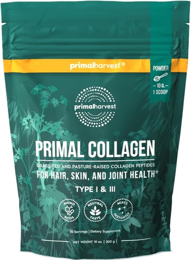 [BRSROBADOYPW2CD6] Primal Harvest Collagen Powder for Women or Men Primal Collagen Peptides Powder Type I & III, 10 Oz Collagen Protein Powder for Hair, Skin, Nails (Single, Unflavored)