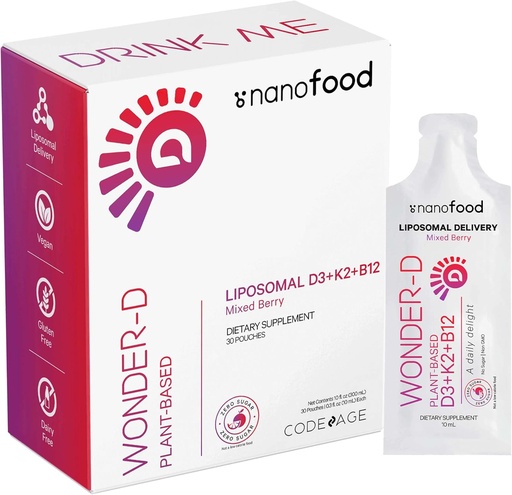[BRSRM2Y7BN5WM3QY] Codeage Liposomal Vitamin D3 Liquid Supplement Sachet, Wonder-D Cholecalciferol Vegan Liquid Multivitamin, Plant-Based Vitamins K2 B12, Non-GMO Phospholipids, Vitamin E, Berry Flavor - 30 Pouches