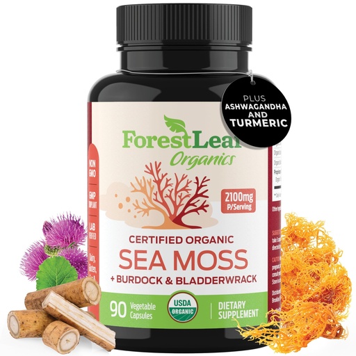[BRSROCDQCAIRA2DK] ForestLeaf Organic Irish Sea Moss Capsules | 2100mg Raw Seamoss Pills Advanced Supplement Superfood + Burdock, Bladderwrack for Digestive, Respiratory, Immune Health | 90 Vegan Organic Sea Moss Caps