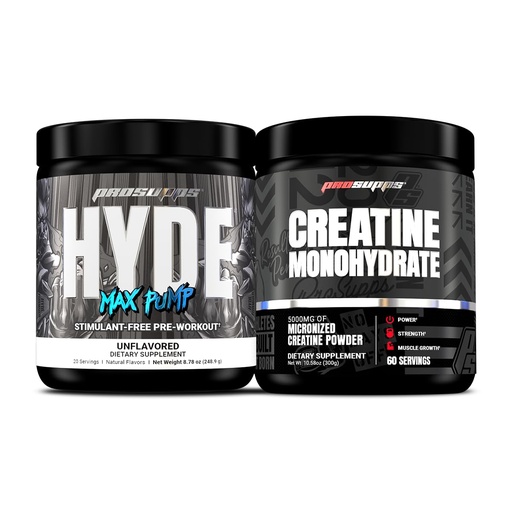 [BRSRAHAFCIPBYCDK] PROSUPPS Hyde Max Pump Stimulant-Free Pre-Workout, Unflavored and Creatine 300 Bundle