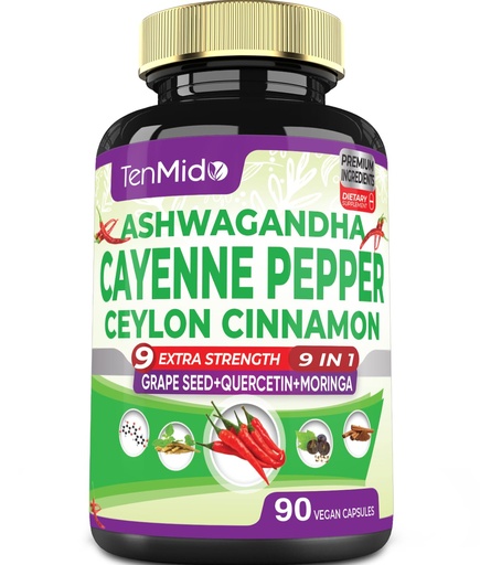 [BRSROGT5CJYGKYAZ] Cayenne Pepper Supplements Capsules, 3 Months Supply & Ashwagandha, Ceylon Cinnamon, Grape Seed, Quercetin, Moringa, Ginkgo Biloba - Heart Wellness, Promotes Digestive Health -90 Caps