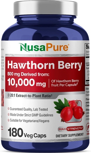 [BRSW2AT7B4JRQC3B] NusaPure Hawthorn Berry 20:1 Extrakt, 500 mg Äquivalent zu 10.000 mg 180 Veg Caps, Geeignet für Vegetarier, Vegan, Non-GMO Nahrungsergänzungsmittel