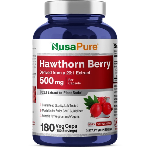 [BRSW2AT7B4JRQC3B] NusaPure Hawthorn Berry, 500mg, 180 Veg Capsules (Vegan, Non-GMO)