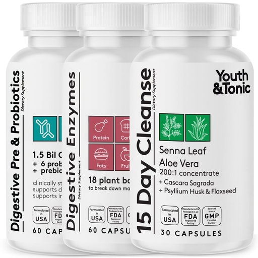 [BRSROCQDAR6G2FDK] Youth & Tonic 15 Day Colon Cleanse Digestive Enzymes with Pre & Probiotics | for Digestion, Belly Bloat, Break Down Food, Gut Health and Regularity,150 Pills for Women & Men