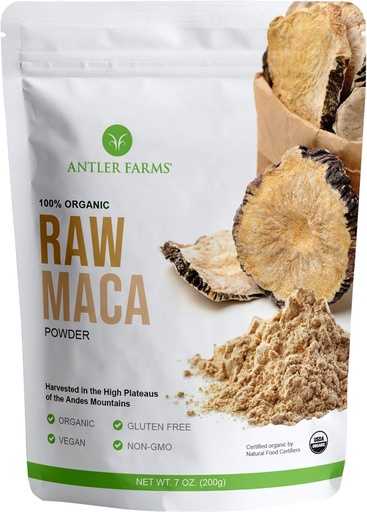 [BRSWYAYBOB6BYFDZ] Antler Farmy - 100% Pure Organic Raw Maca Powder, 40 Servings, 200g - Vegan, Gluten Free, Sun Sušené, spracované za studena, pestované vonku v centrálnych Andách Peru, Certified USDA Organic