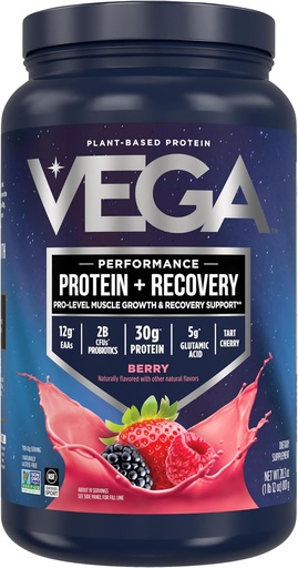 [BRSWKZANPIABGD3K] Vega Sport Vegan Powder + Recovery - 30g Plant Based Protein per Serving, Berry, 19 Servings, 5g BCAAs, Progories, NSF Sertifikasi, Untuk Shakes & Smoothies, 1.8lbs (Packaging May Vary)