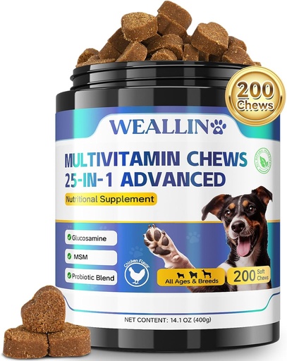 [BRSRAGQ2PMCGA3YU] Dog Vitamini - 25-v-1 Dog Vitamini in dodatki Multivitaminski z glukozaminski probiotiki Omega-3 Puppy Multivitaminski žvečljivi za plašč, srce, HIPS & sklepi, Prebava in imunski sistem 200kos