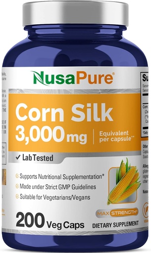 [BRSW2ZQFDEFB6YLU] NusaPure Corn Silk Extract 3,000 mg per Caps - 200 Veggie Caps (100% Vegetarian, Non-GMO, Extract 20:1, Vegan)
