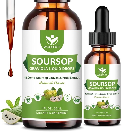 [BRSROAABOQGW2H3D] (2 Pack) Soursop Graviola Liquid Drops - 1800mg Soursop Extract - Alta Absorção Sour Sop Bitters Líquido para suporte celular e regeneração, Suporte imunológico, Antioxidante, Relaxamento, Açúcar Livre - 1 Fl Oz