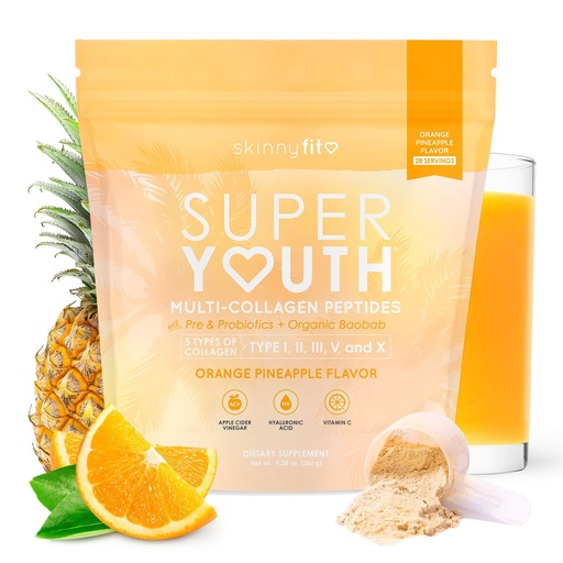 [BRSROBAKBEBA43TJ] SkinnyFit - Super Youth Collagen for Women - Multi Collagen Peptides Powder - Probiotics, Fiber, Hyaluronic Acid - Non GMO, Gluten Free, Sugar Free - Beauty - Orange Pineapple (28 Servings)